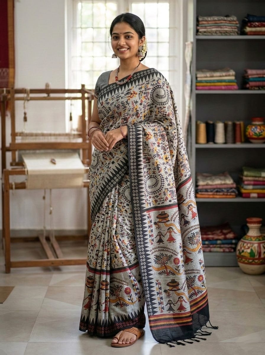 Grace meets heritage in this elegant Beige Cream Madhubani Print Saree. by Artisan Soul