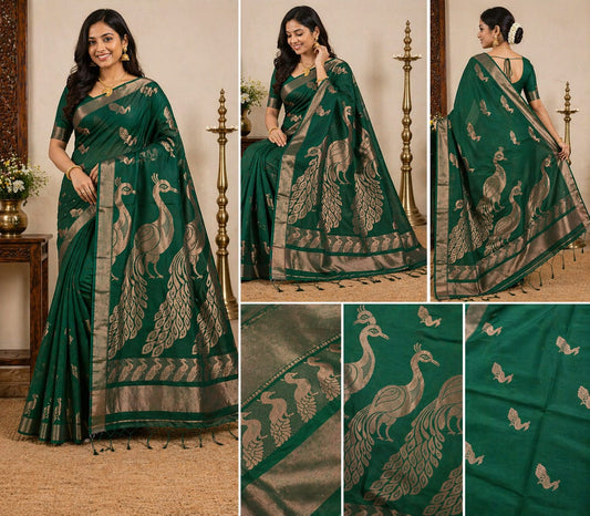 Green Cotton Silk Saree with Peacock Motif and Traditional Border artisan soul