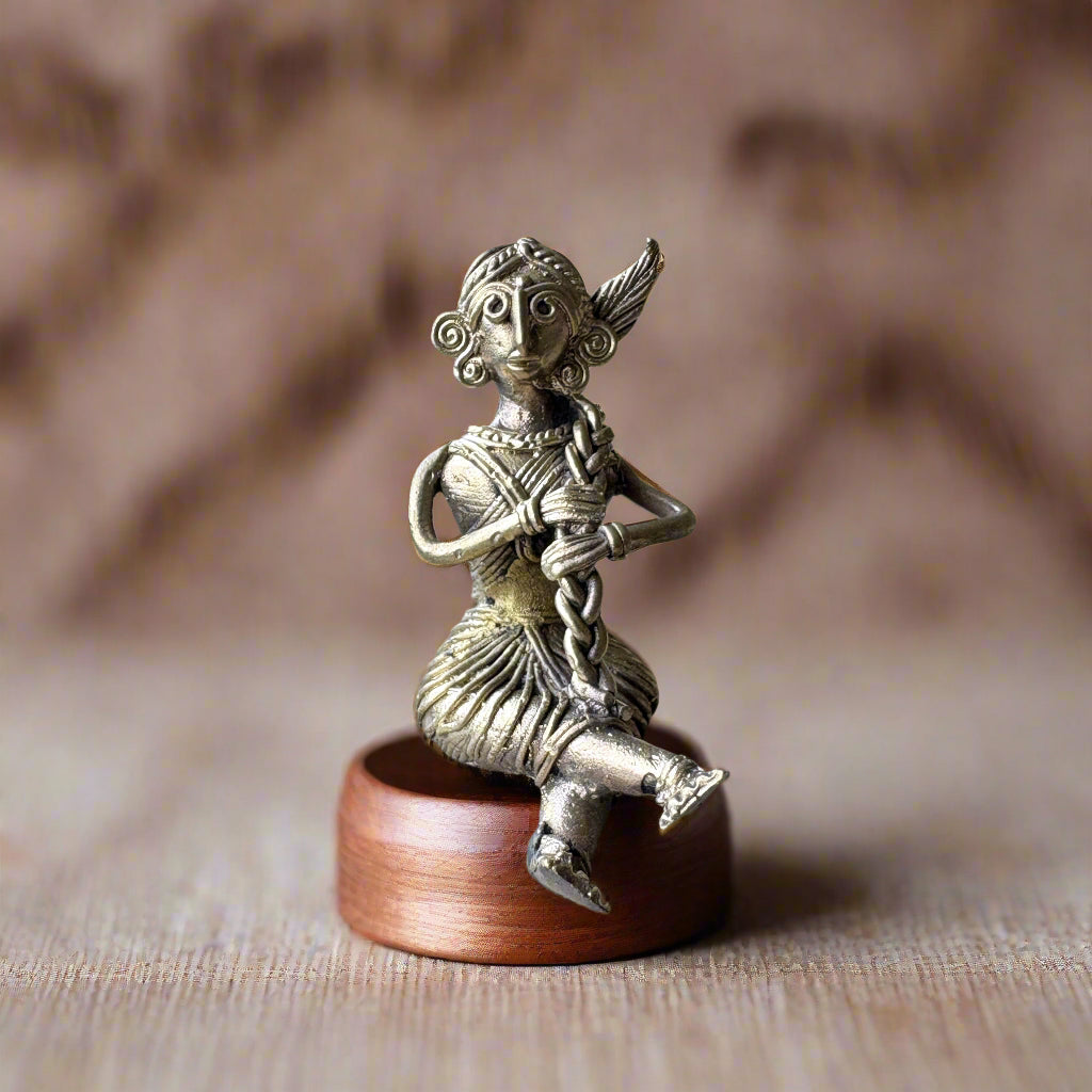 Dokra Brass Tribal Girl with Braids – Handcrafted Figurine from Bengal - ArtisanSoul