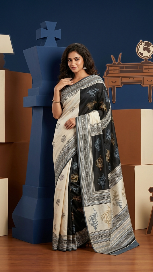 Woman wearing elegant ivory and black handcrafted Gajji Silk Saree