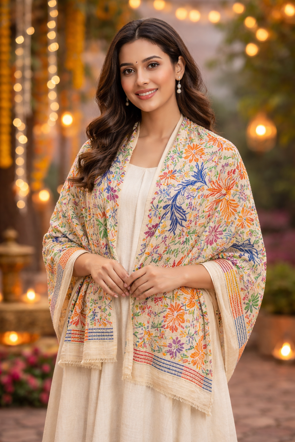 Celebrate vibrant artistry with this stunning Off-White Kantha Embroidered Stole,