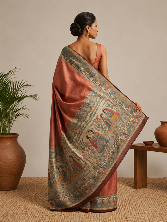 Woman wearing handcrafted Tussar Silk Kalamkari Saree with Madhubani folk art border