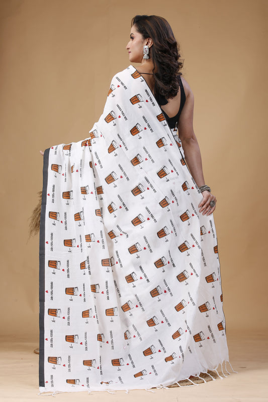 Bengal Handloom Cotton Saree with Khaadi Chai Cup Print – Traditional Ethnic Wear