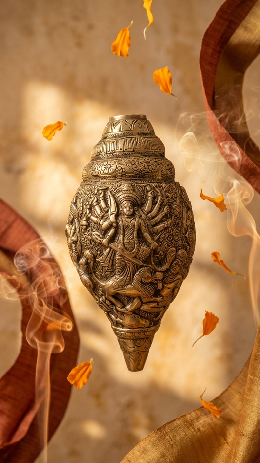 Handcrafted Dokra Durga Shankh Showpiece featuring Maa Durga Mahishasura Mardini in antique brass, made using the traditional Lost-Wax casting technique by Indian artisans.