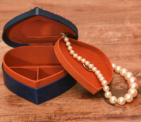 Embossed Leather Jewelry Box with Mirror - Mandal on Navy Blue - ArtisanSoul