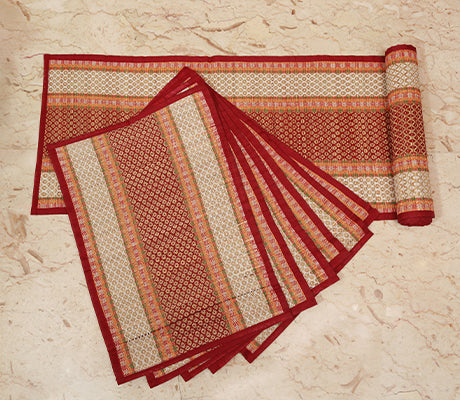 Madur Kathi Handloom Table mat with Runner - Red with white border - ArtisanSoul