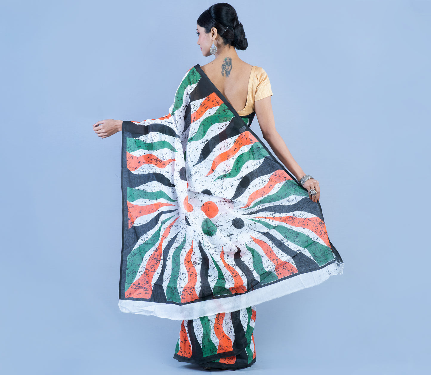 Handloom Printed Cotton Saree - Green Black Orange on White - ArtisanSoul