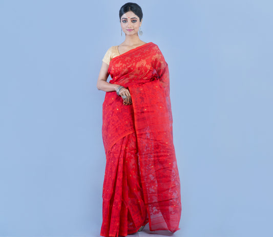 Handloom Jamdani Saree With all Body Work - Red - ArtisanSoul
