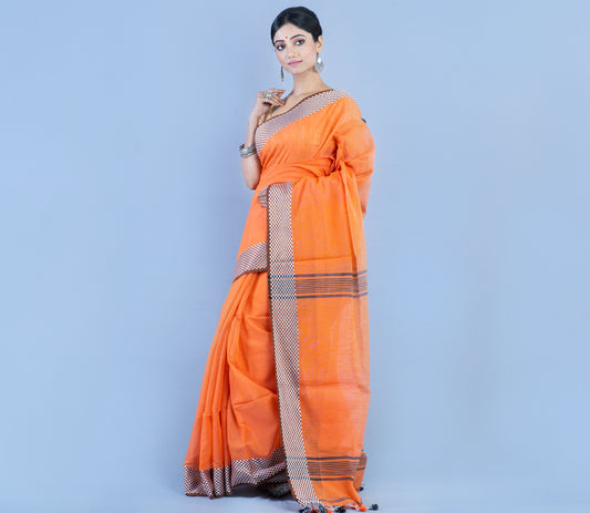 Handloom Saree - Orange with Checkered Zari Par - ArtisanSoul