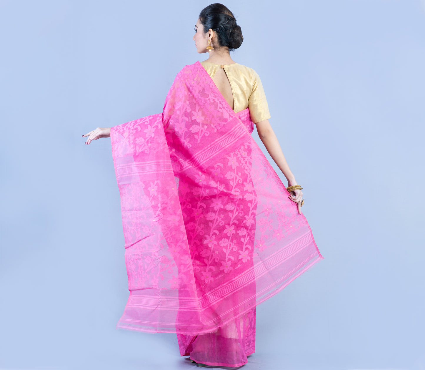 Handloom Jamdani Saree With all Body Work - Pink - ArtisanSoul