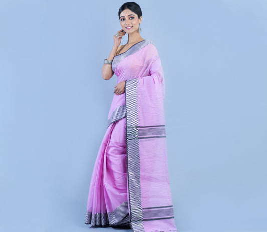 Handloom Saree - light Purple With Checkered Zari Par - ArtisanSoul
