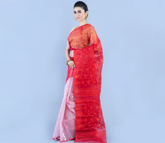 Handloom Jamdani Saree - Red and White - ArtisanSoul