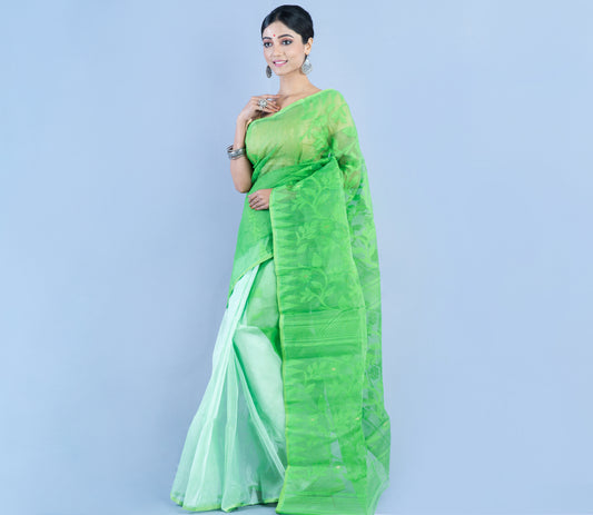 Handloom Jamdani Saree - Green and White - ArtisanSoul