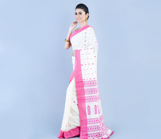 Neemki Kaj on Handloom Saree - White & Pink - ArtisanSoul