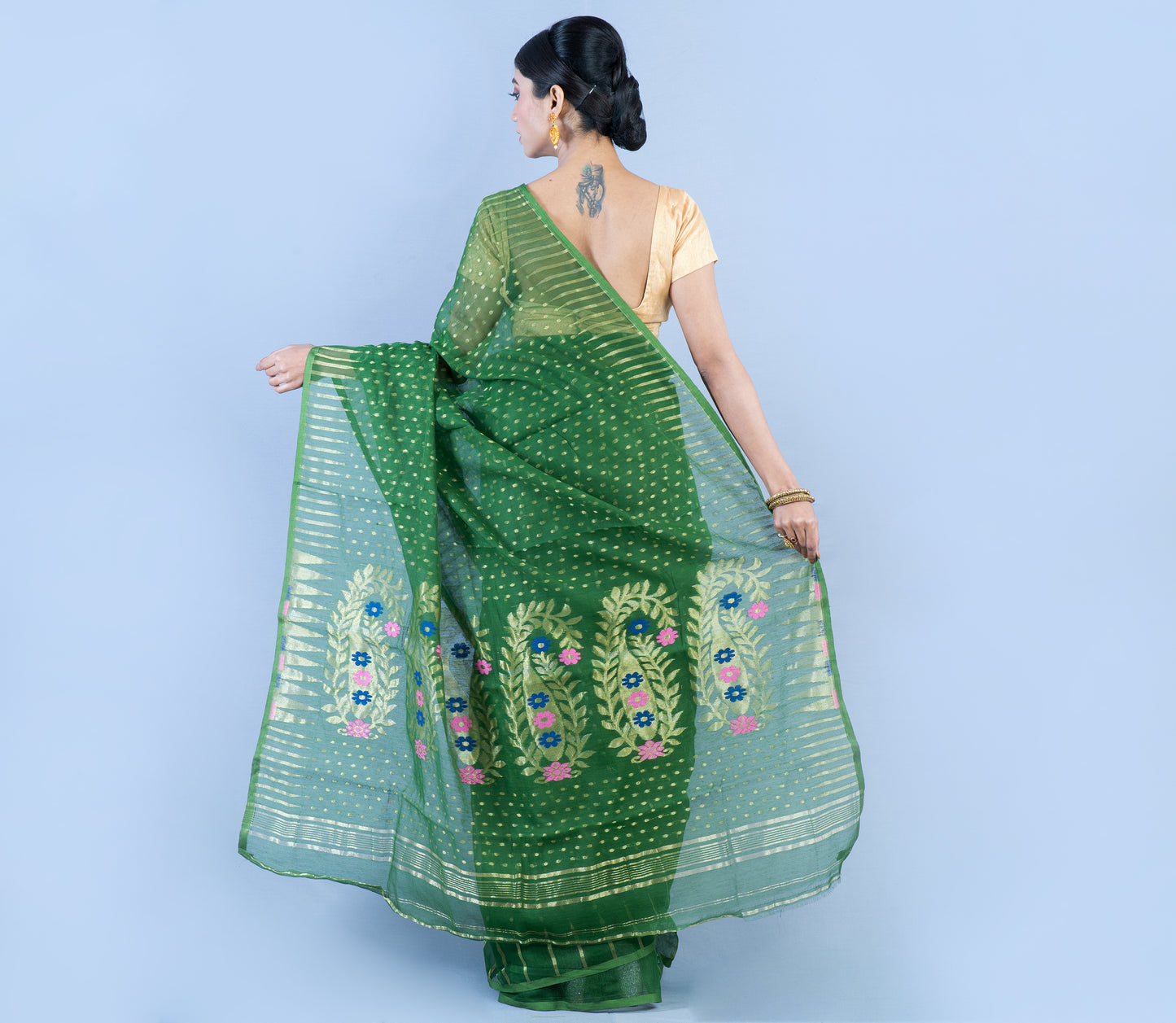 Handloom Saree with all over Zari work on saree - Bottle Green - ArtisanSoul