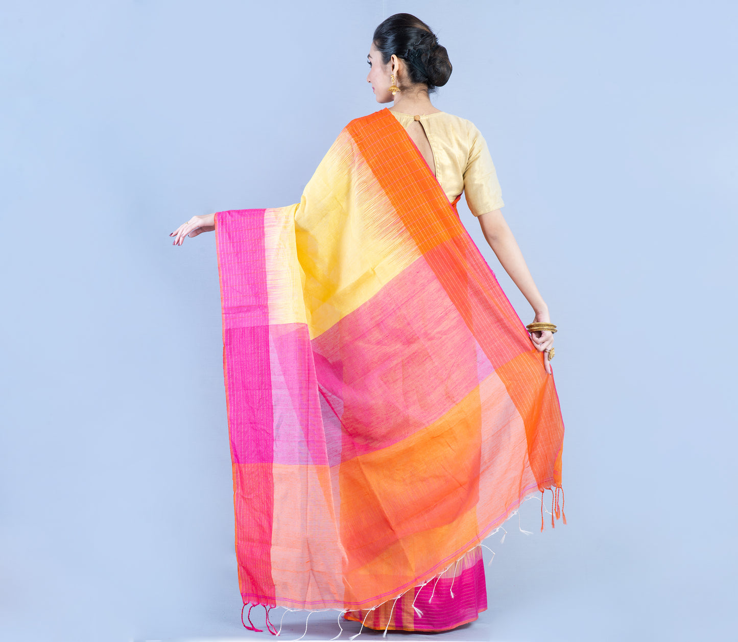 Handloom Saree With Ganga Jamuna Par - Pink & Orange on Yellow - ArtisanSoul