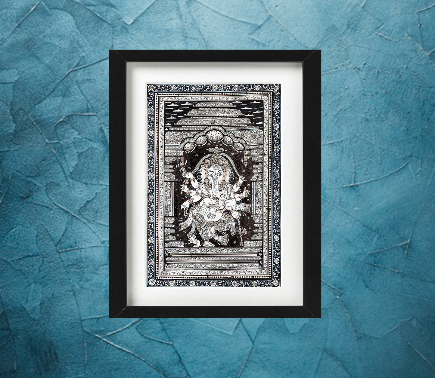 Ganesha on Pattachitra from Odisha - Black and White with Red Designs - ArtisanSoul