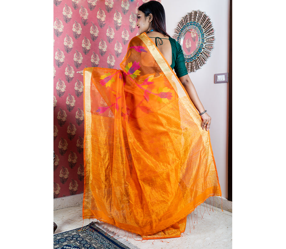 Handloom Muslin Silk Saree with Matka Paar - Orange With Leaf Design - ArtisanSoul