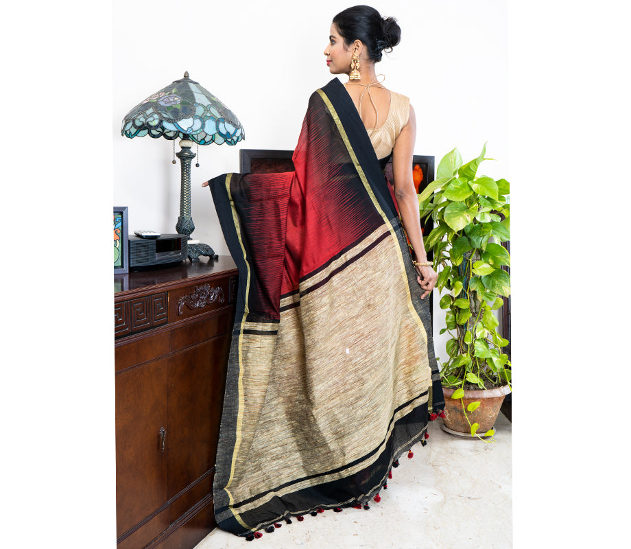 Handloom Ikkat Saree with Gheecha Anchal - Maroon - ArtisanSoul