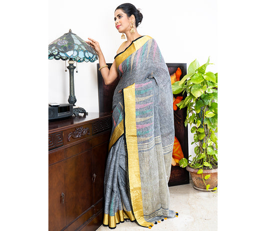Linen Saree with Jamdani Work - Grey - ArtisanSoul