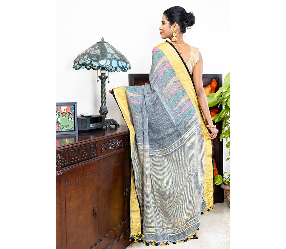 Linen Saree with Jamdani Work - Grey - ArtisanSoul