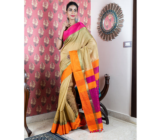 Handloom Saree All Over - Orange and Purple - ArtisanSoul
