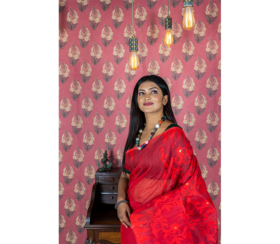 Handloom Jamdani Saree - Red - ArtisanSoul