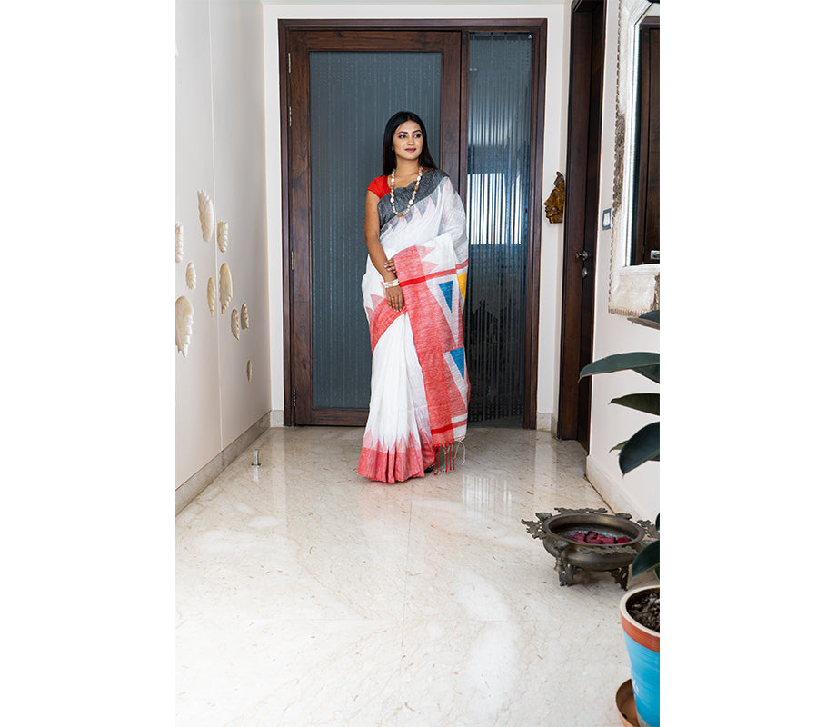 Handloom work on Linen Jamdani - White and Red - ArtisanSoul