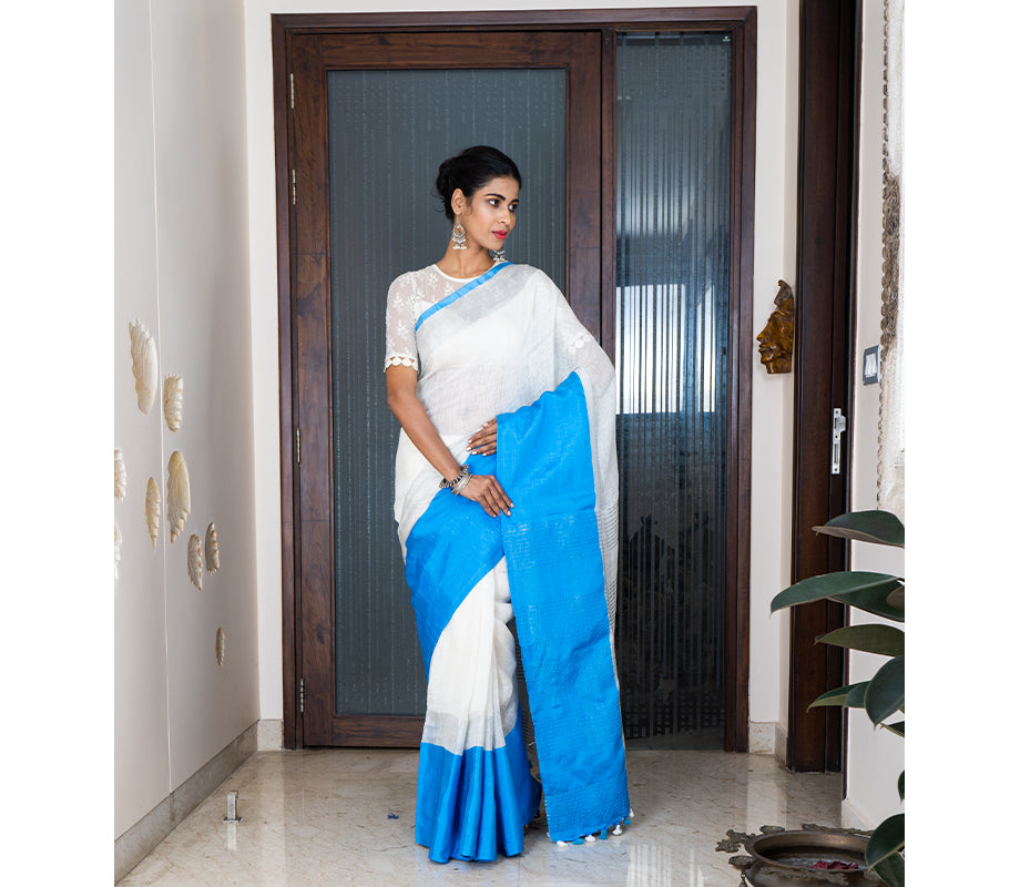 Linen Saree with Mahapaar - Blue and White - ArtisanSoul
