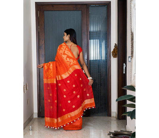Linen Saree with Jamdani Work - Orange - ArtisanSoul