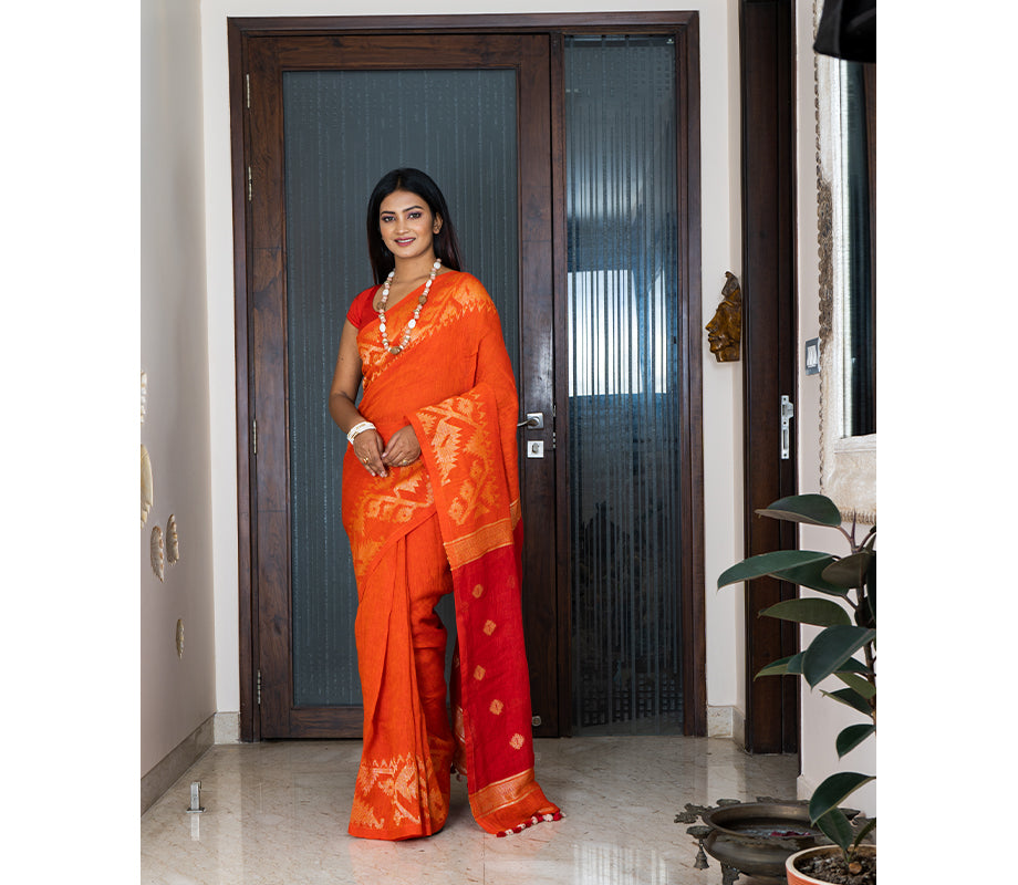 Linen Saree with Jamdani Work - Orange - ArtisanSoul
