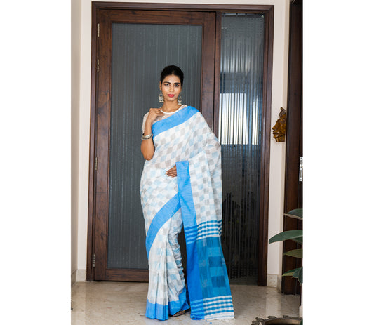 Handloom Cotton Saree with Jaba Kaj/Design - White & Blue - ArtisanSoul