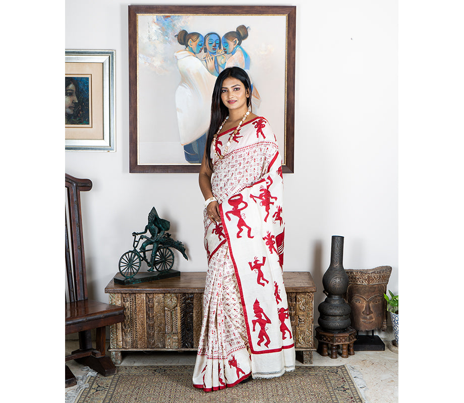 Kantha Stitch Applique Design Saree - Red on Tussar - ArtisanSoul