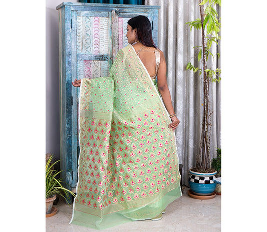 Handloom Muslin Silk - Green with Minakari Design - ArtisanSoul