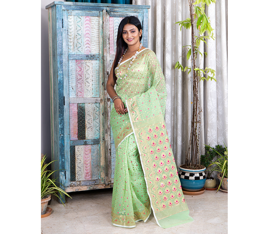 Handloom Muslin Silk - Green with Minakari Design - ArtisanSoul