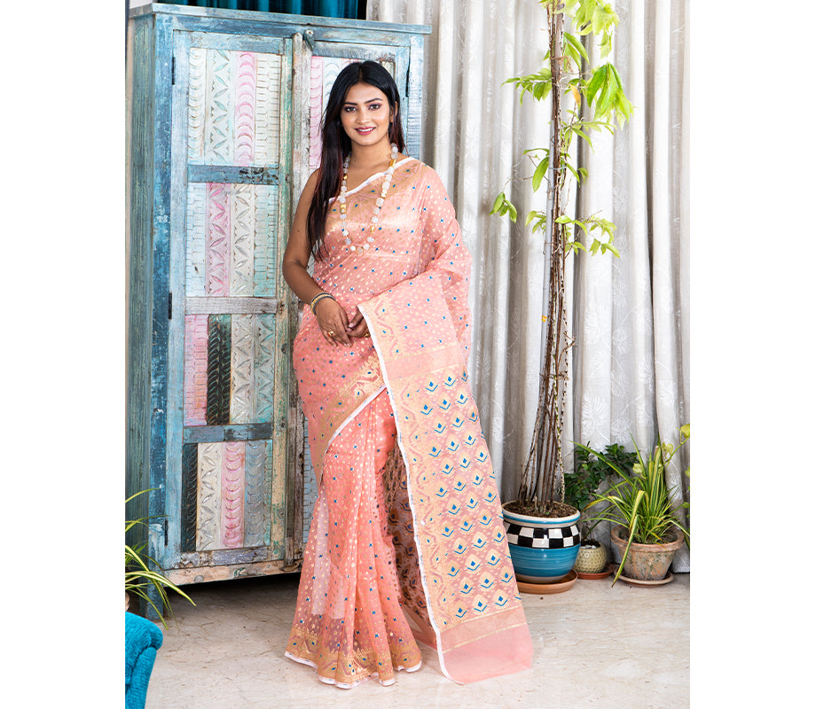 Handloom Muslin Silk - Pink with Minakari Design - ArtisanSoul