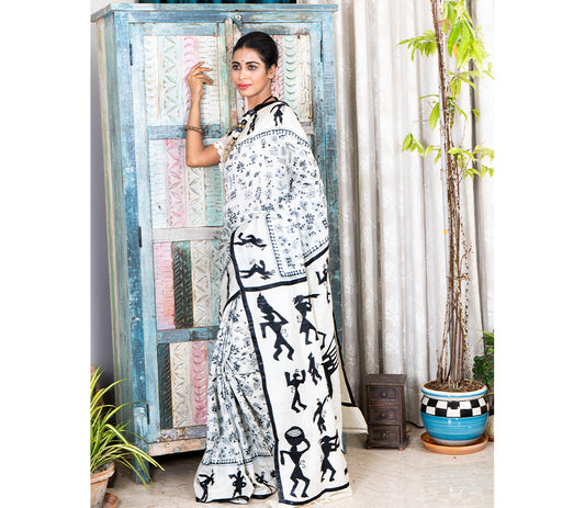 Kantha Stitch Applique Design Saree - Black on Tussar - ArtisanSoul