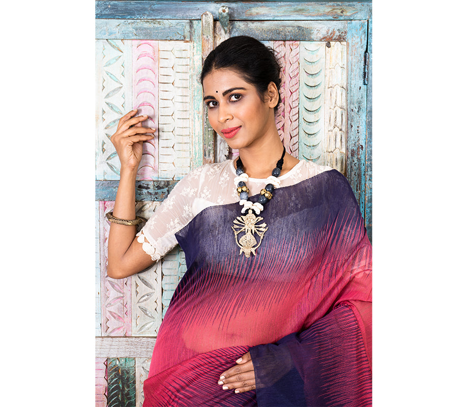 Handloom Ikkat Saree - Navy Blue on Mauve - ArtisanSoul