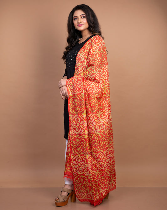 Kantha Stitched Dupatta on Silk Print Base - Red and Yellow - ArtisanSoul