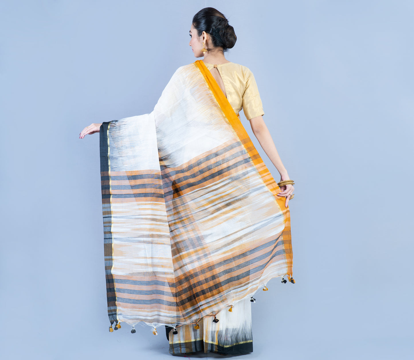 Handloom Ikkat Saree - Mastered Yellow and Black On White - ArtisanSoul