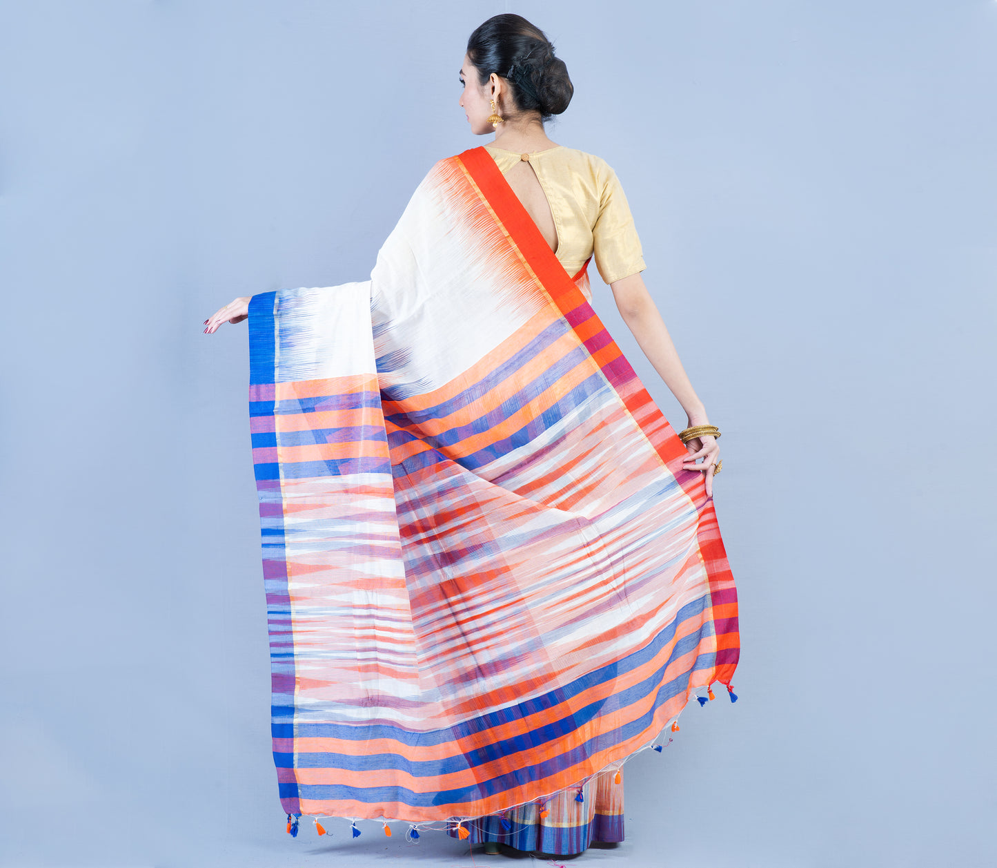 Handloom Ikkat - Orange & Blue On White - ArtisanSoul