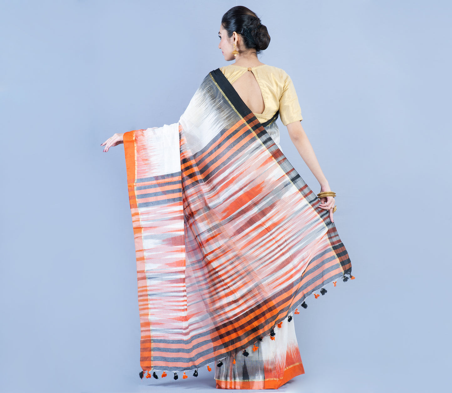 Handloom Ikkat Saree - Black & Orange On Silver - ArtisanSoul