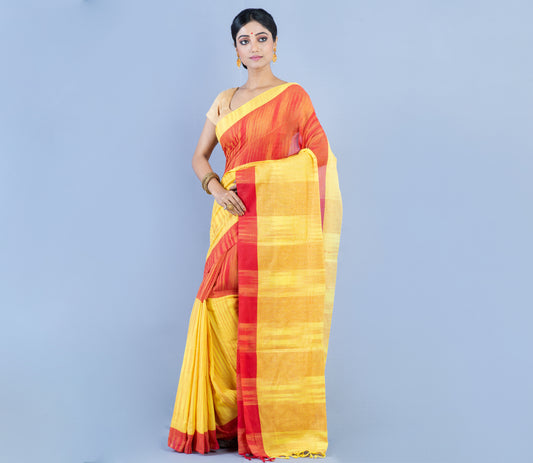 Handloom Cotton Saree - Yellow & Red - ArtisanSoul