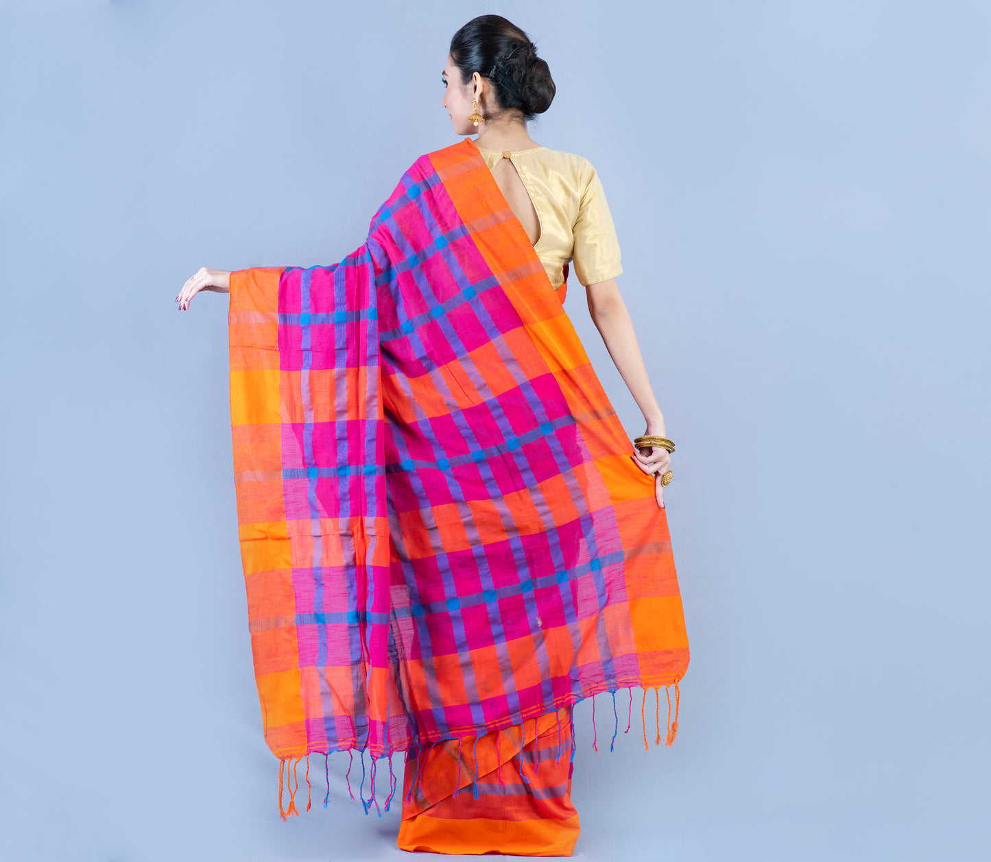 Handloom Cotton Checkered Saree - Orange & Blue On Pink - ArtisanSoul