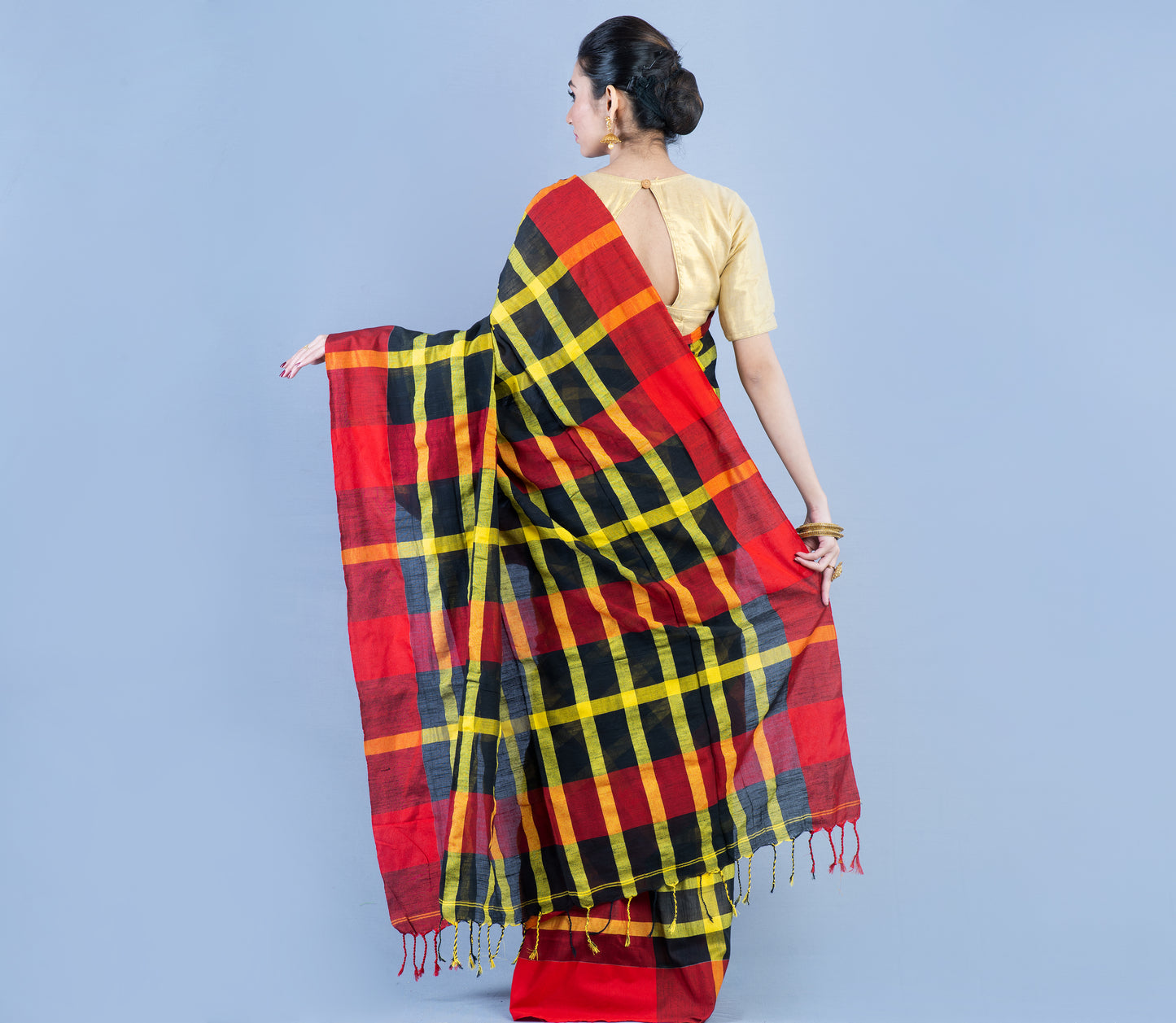 Handloom Cotton Checkered Saree - Red & Yellow On Black - ArtisanSoul