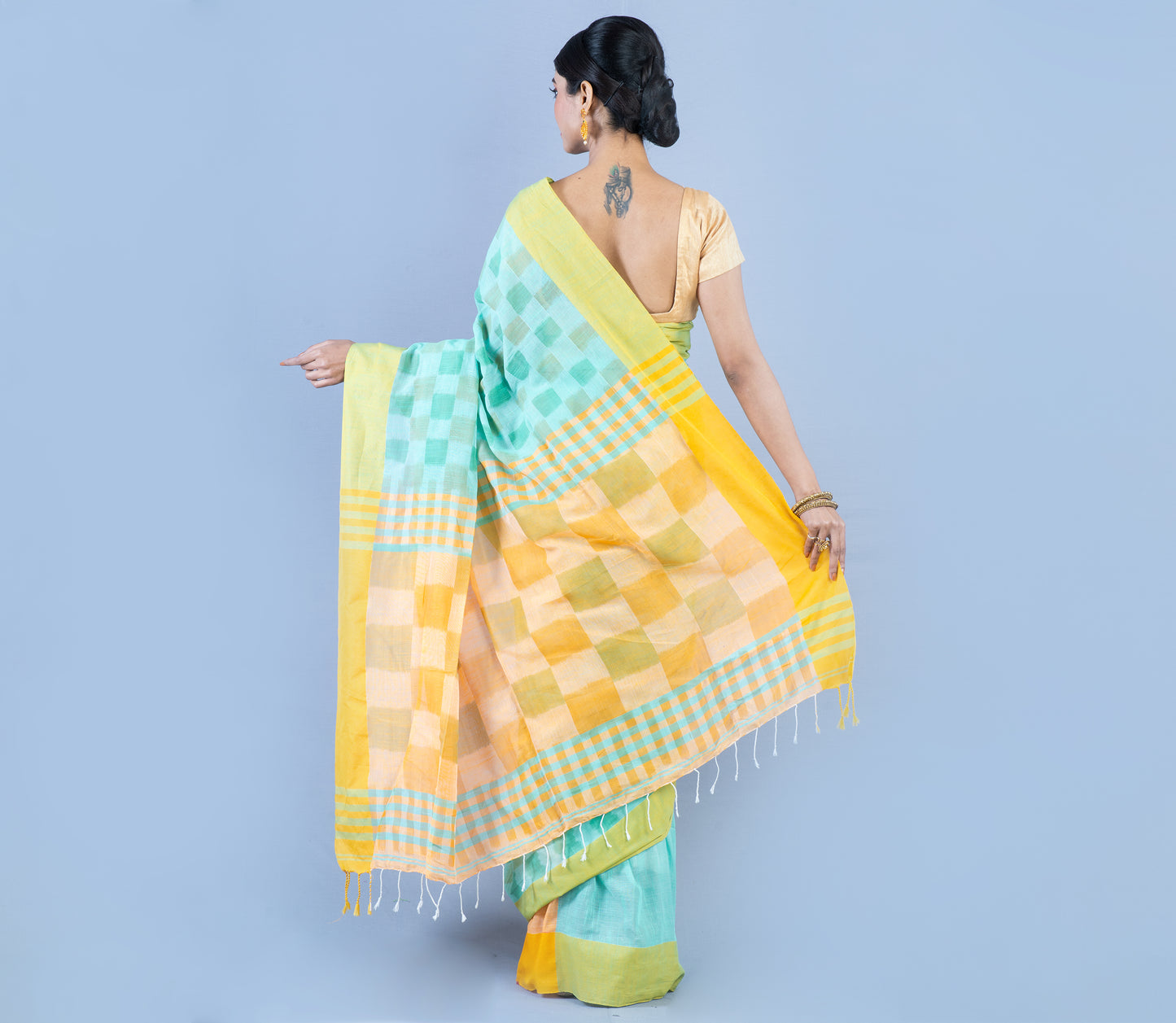 Handloom Cotton Saree With Jaba Kaj - Cyan Green & Yellow - ArtisanSoul