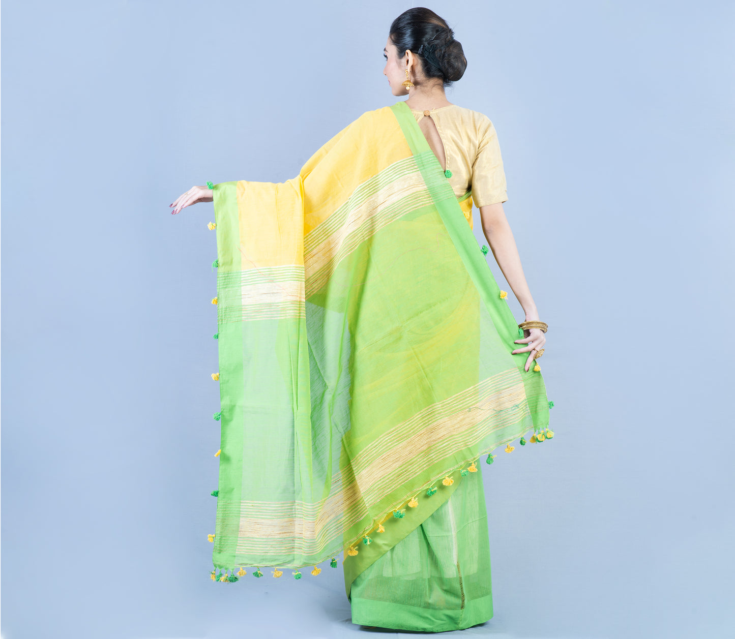 Handloom Patli Pallu Saree with Gheecha Design Anchal - Yellow & Green - ArtisanSoul