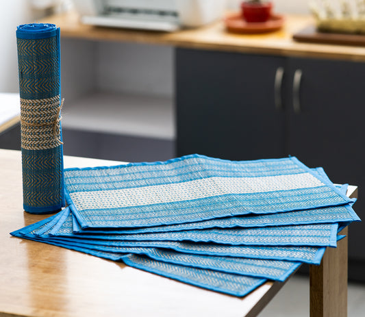 Madur Kathi Handcrafted Table Mat With Runner - Blue & White - ArtisanSoul