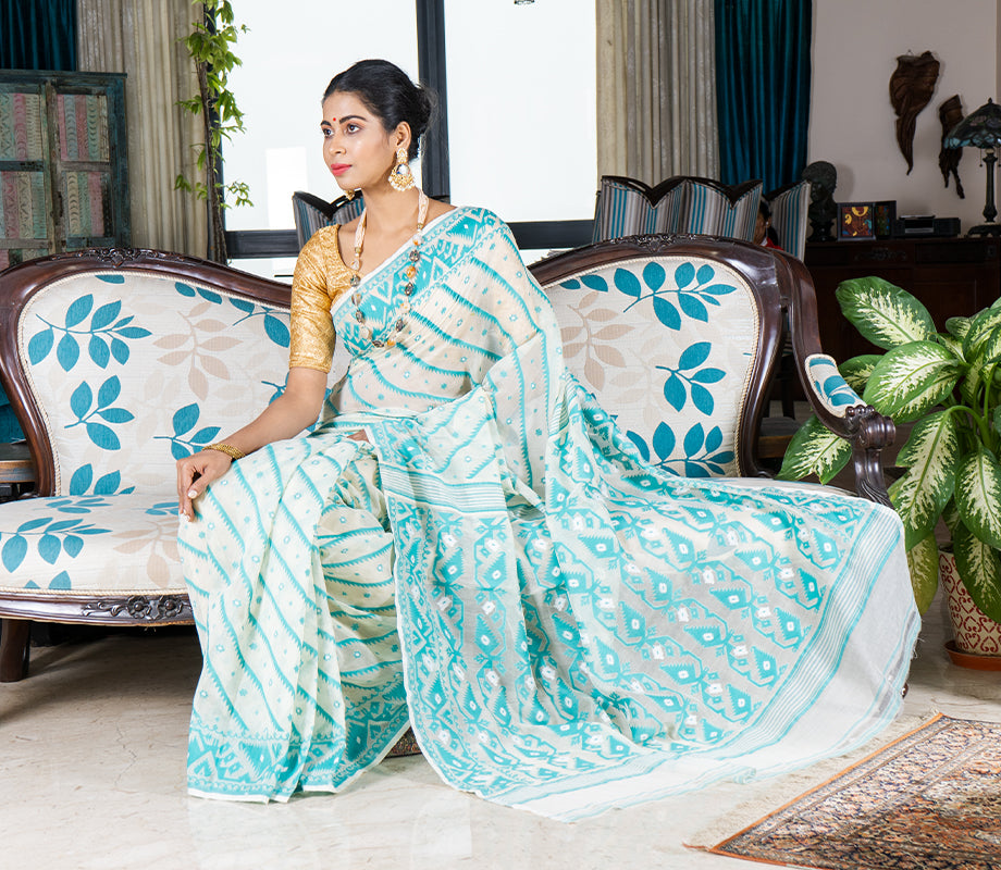 Handloom Jamdani Saree - Cyan Blue on White - ArtisanSoul