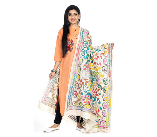 Kantha Stitched Dupatta on Tussar Base - Pink and Blue - ArtisanSoul